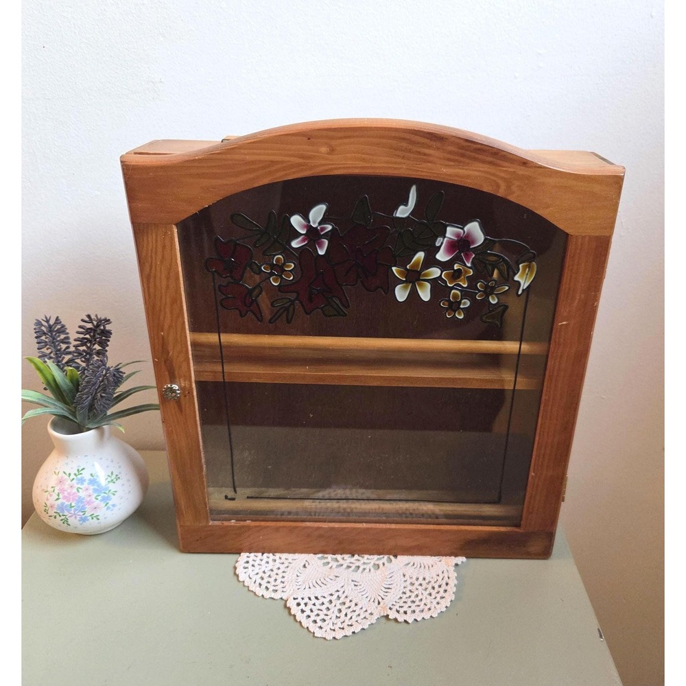 Vintage 1970s Wooden Spice Rack Cabinet, Floral Glass Door, Made in Taiwan